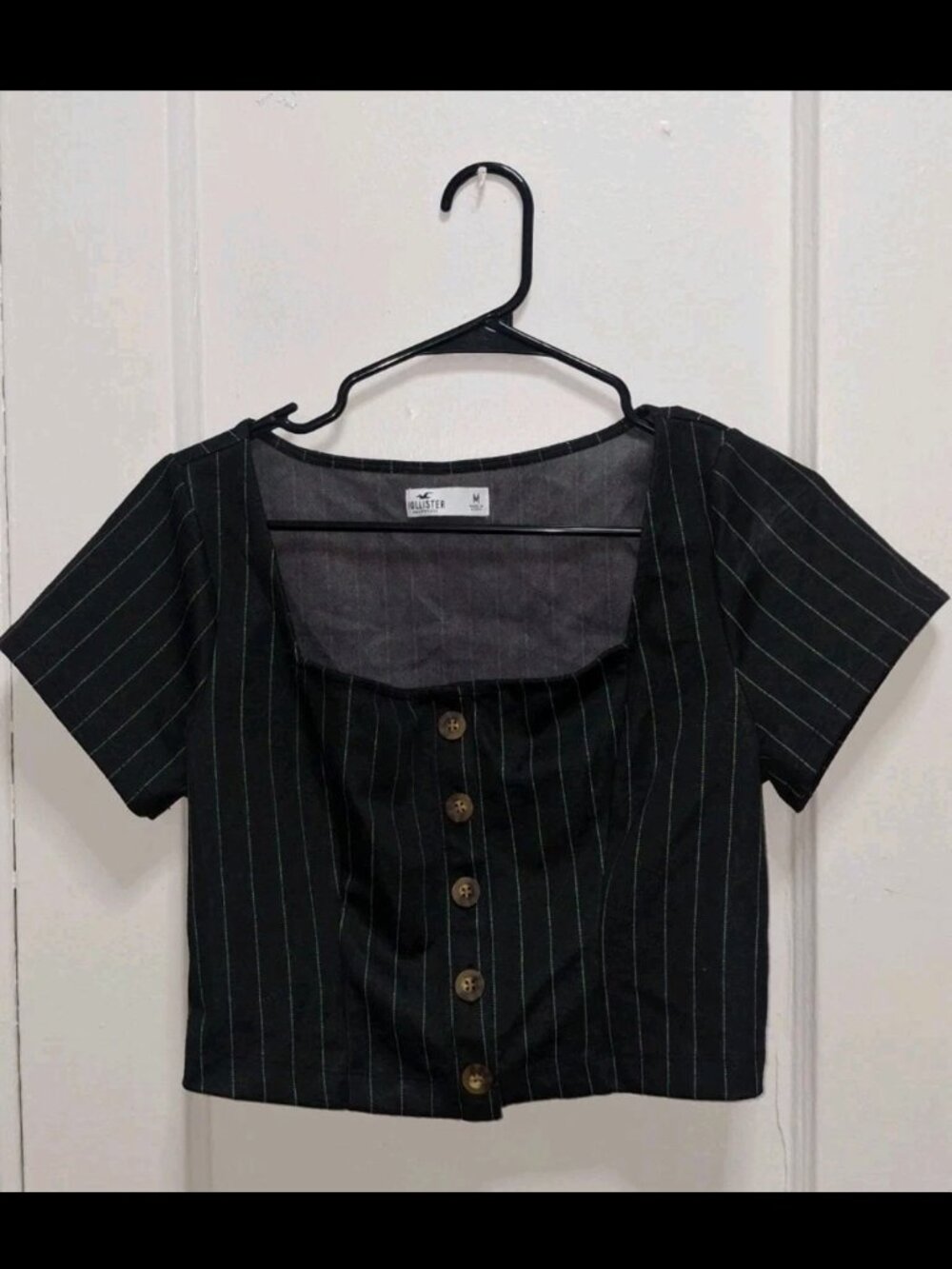 Hollister Black Pinstripe Crop Top Women’s Medium Button Front Y2K Office Coquet